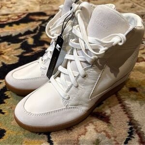 Sorel Women's Out And About White Leather White Wedge Sneakers size 8.